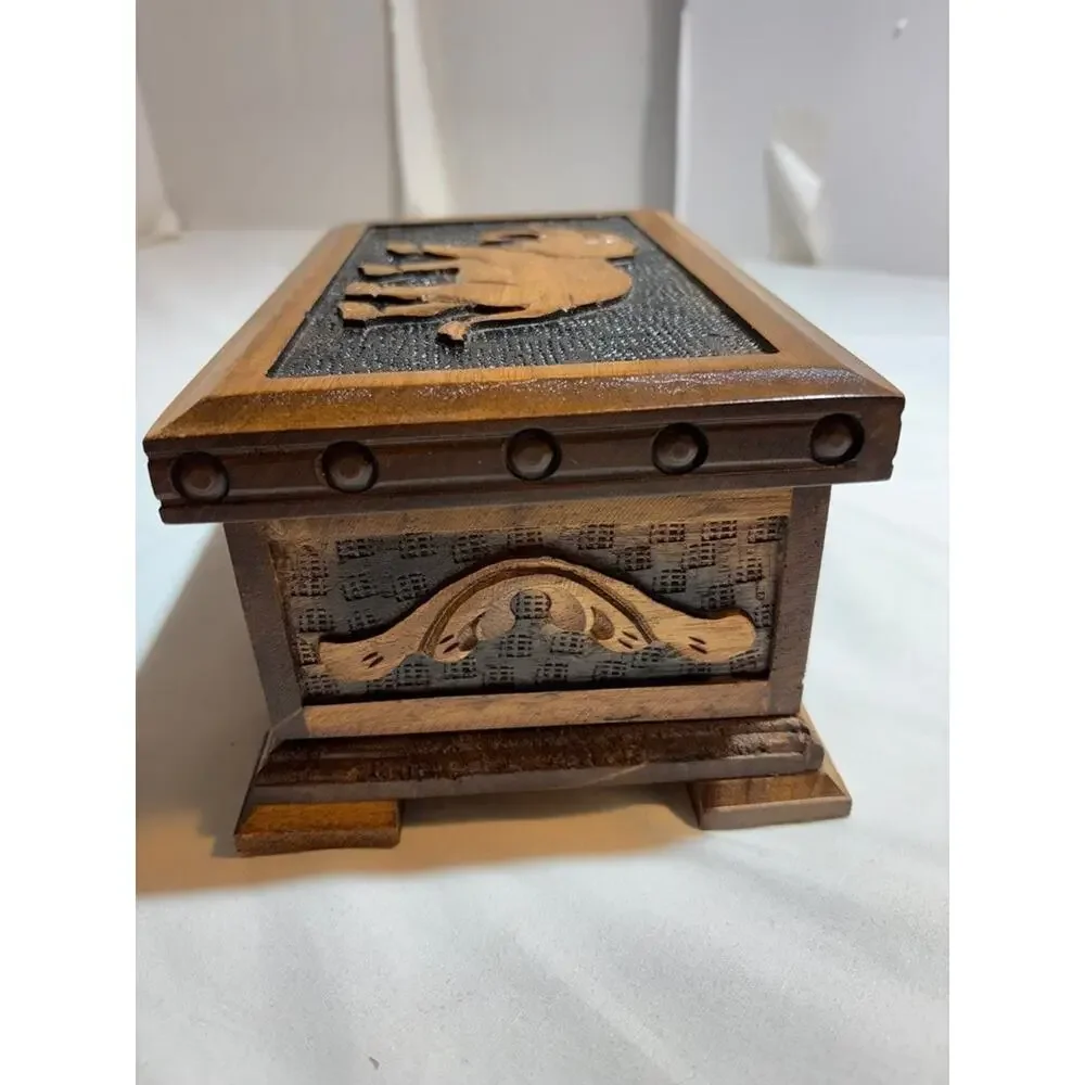 Vintage Wooden Jewelry Box with Elephant Inlay